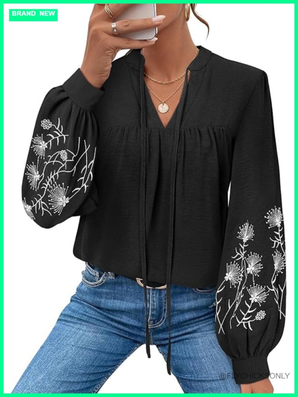 LOOKBOHO Womens Floral Embroidered V-Neck Long Sleeve Peasant Blouse